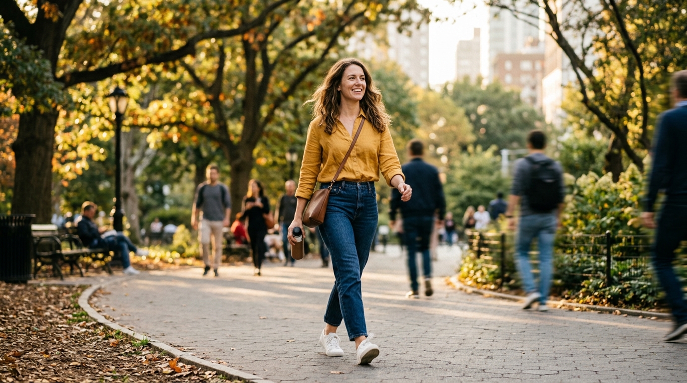 confident woman walking city park golden light natural smile