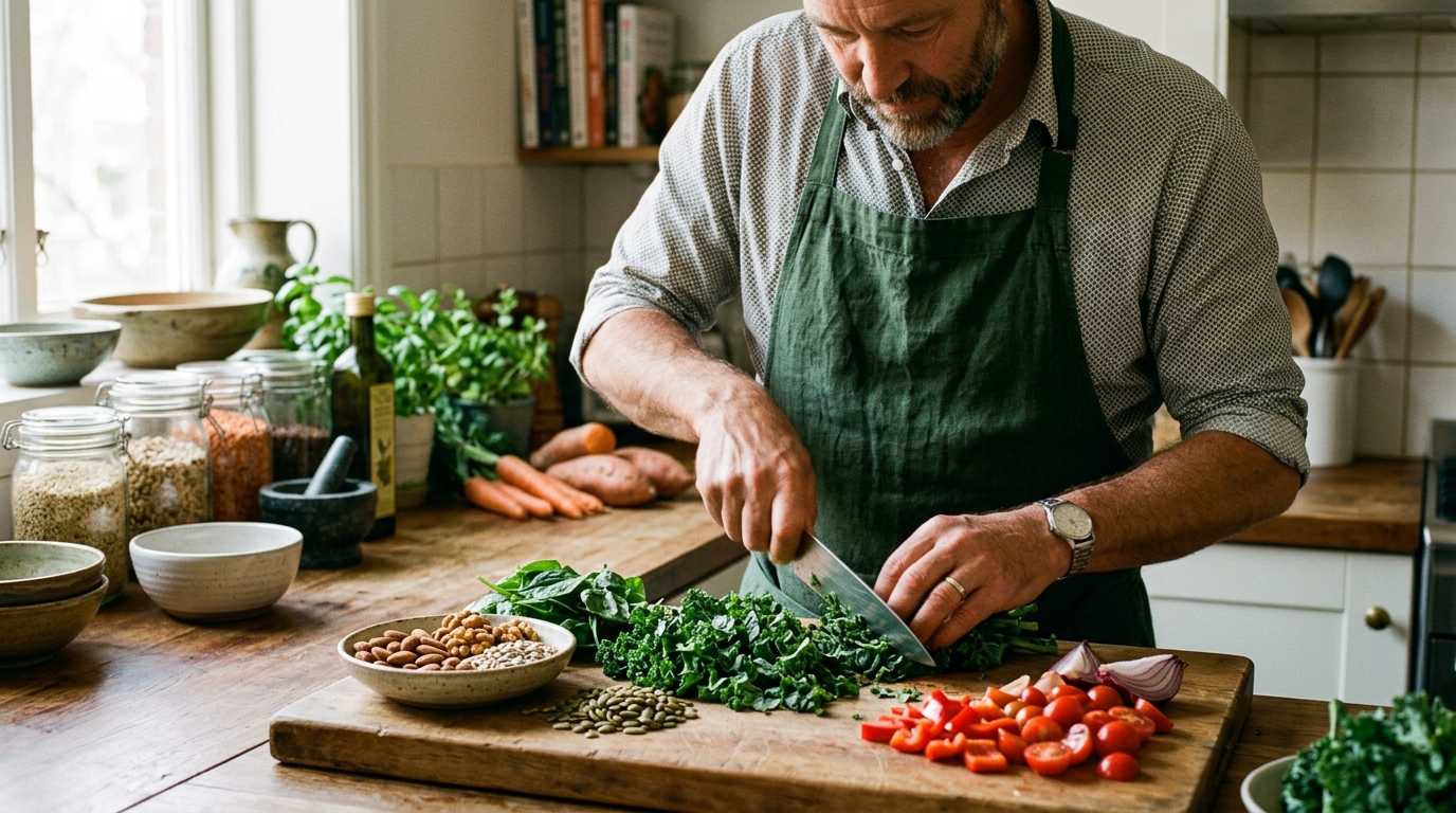 man chopping leafy greens cutting board nuts seeds kitchen