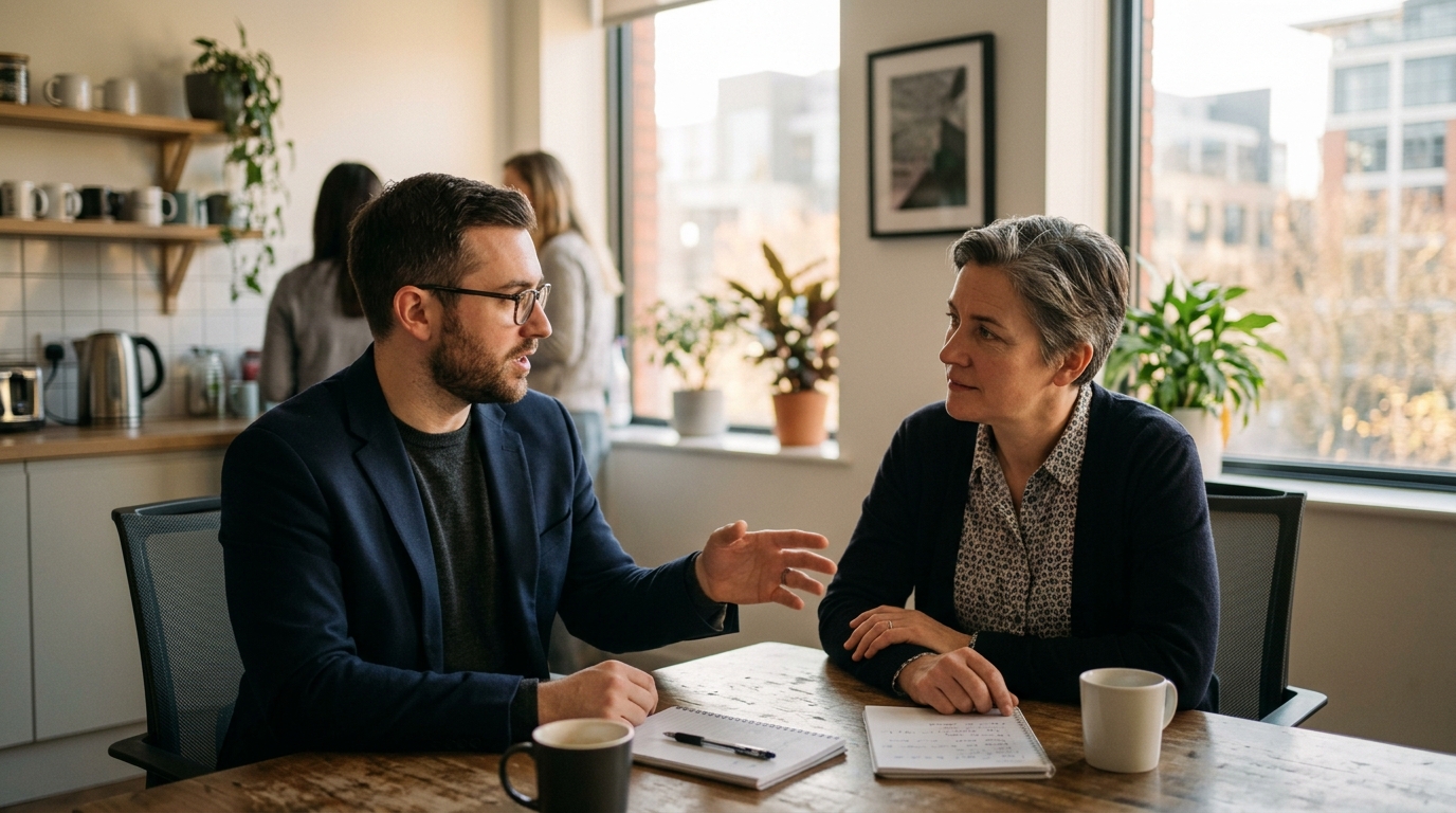two colleagues having meaningful conversation about solutions