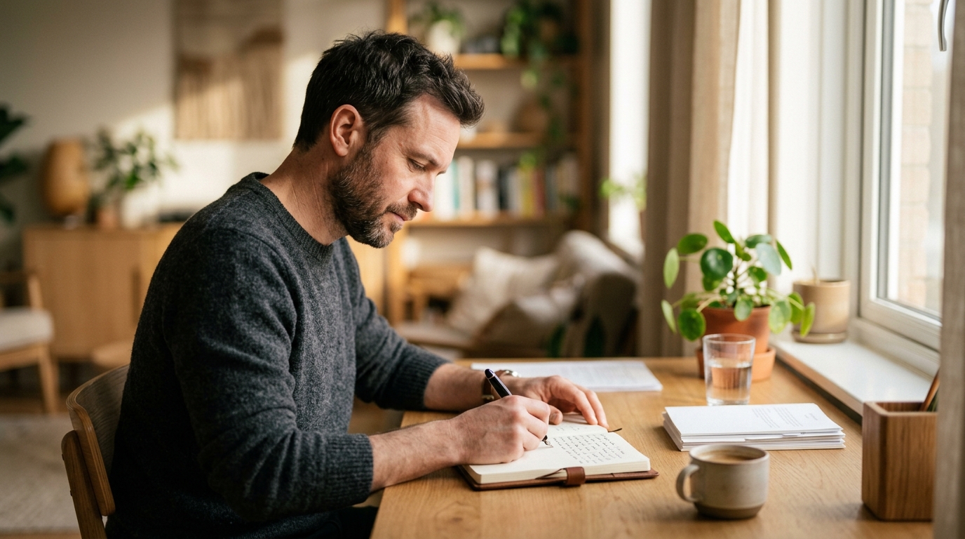 man writing with effortless focus and concentration