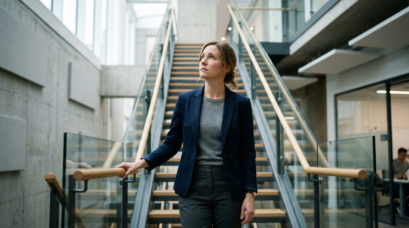 woman hesitating at bottom of office stairs