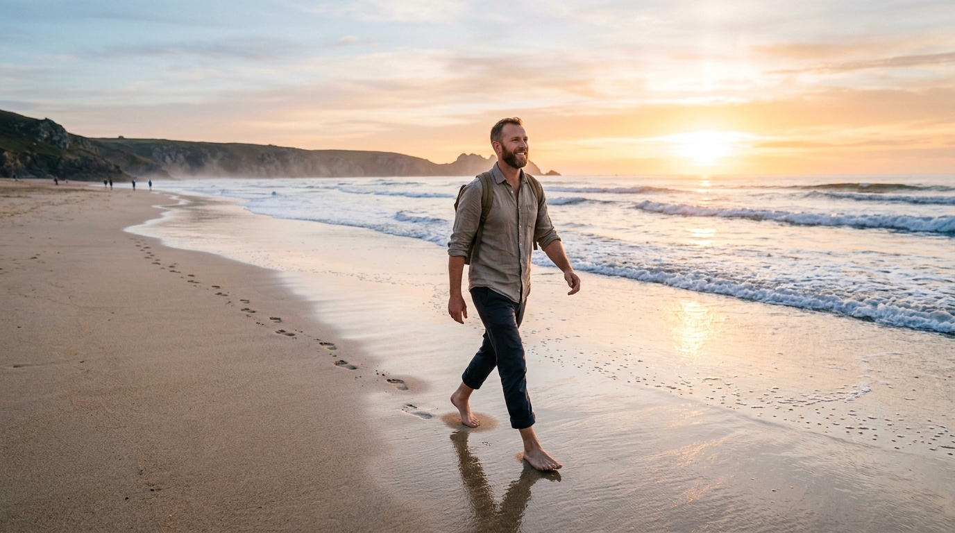 man walking confidently beach sunrise footprints