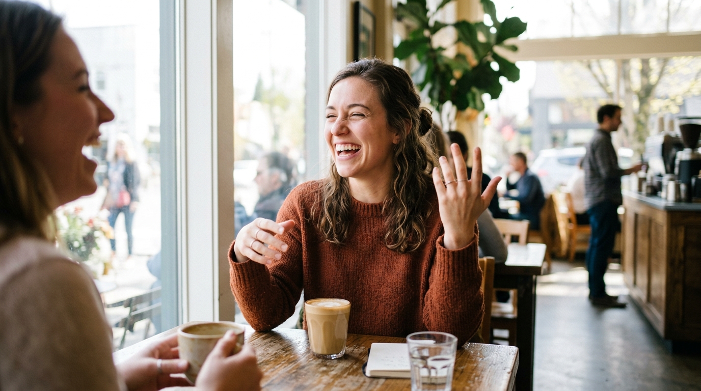 woman laughing animated conversation coffee shop