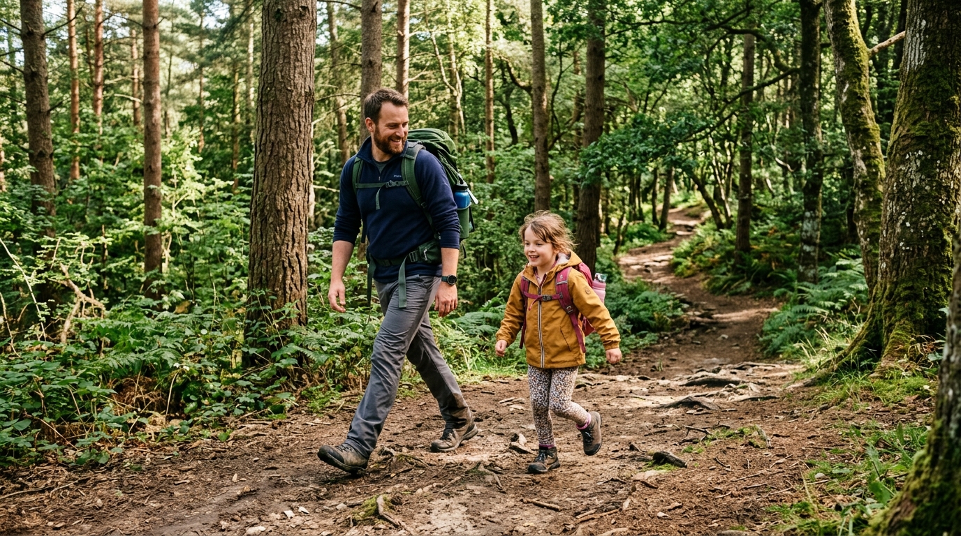 father daughter hiking trail confident stride