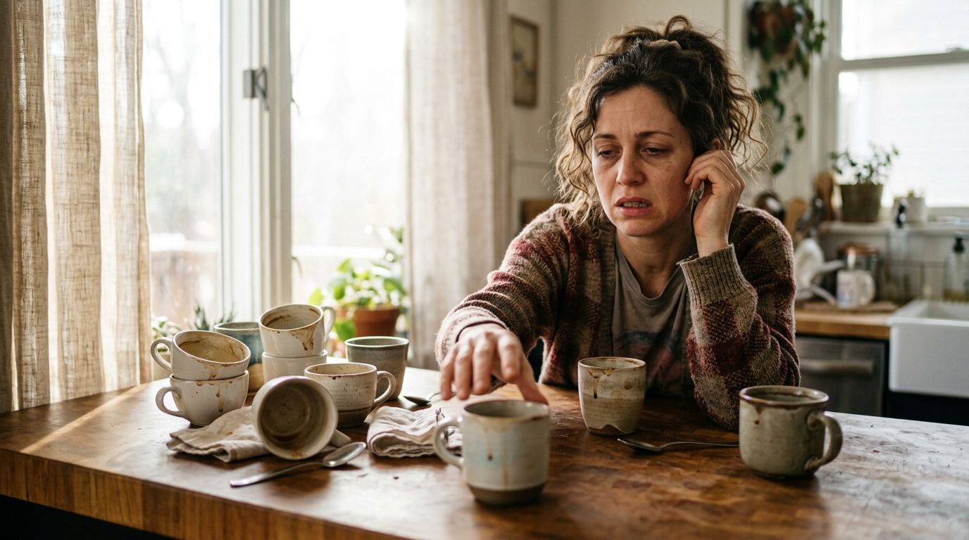 woman with multiple coffee cups looking exhausted