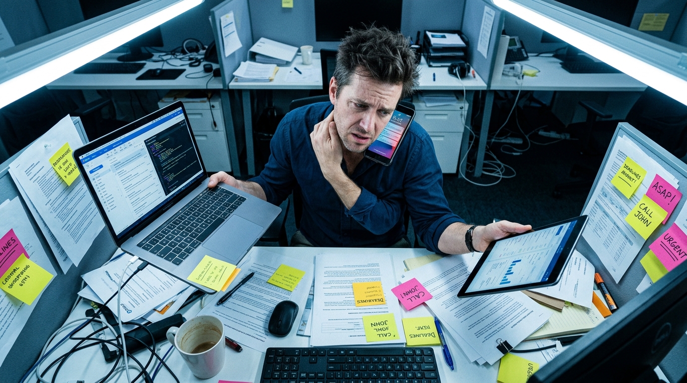 overwhelmed professional multitasking with multiple devices
