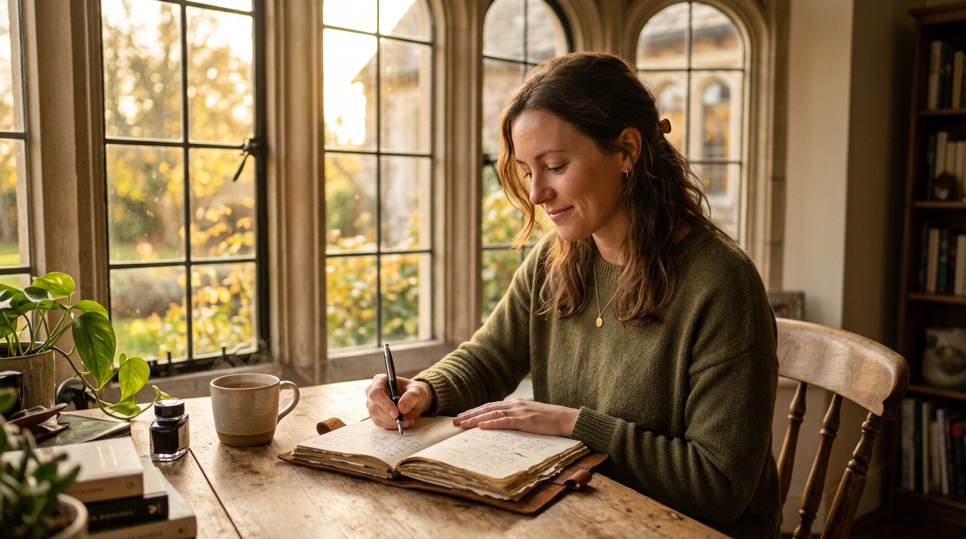 woman writing with focused clarity in natural light