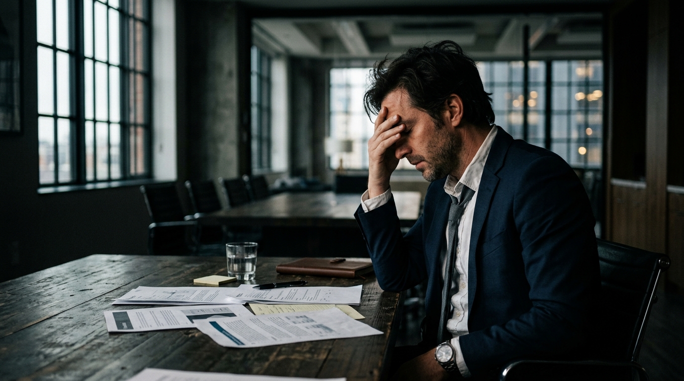 businessman experiencing mental fatigue at conference table