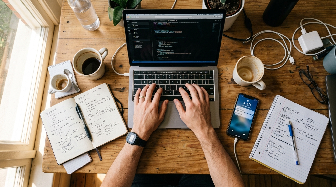 scattered workspace with multiple unfinished tasks and coffee cups