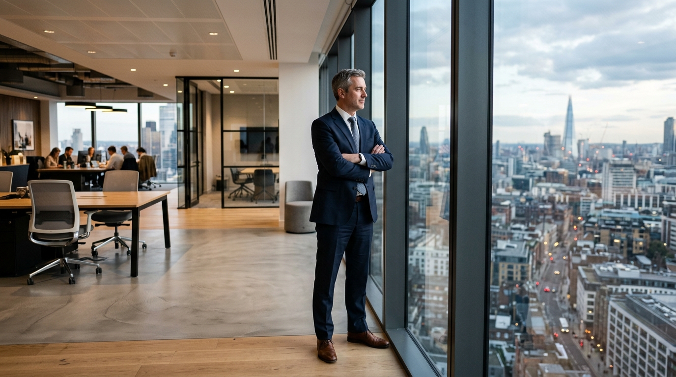 thoughtful professional by office windows contemplating solutions