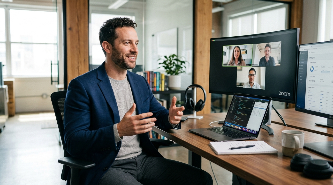 confident professional engaged in productive video conference