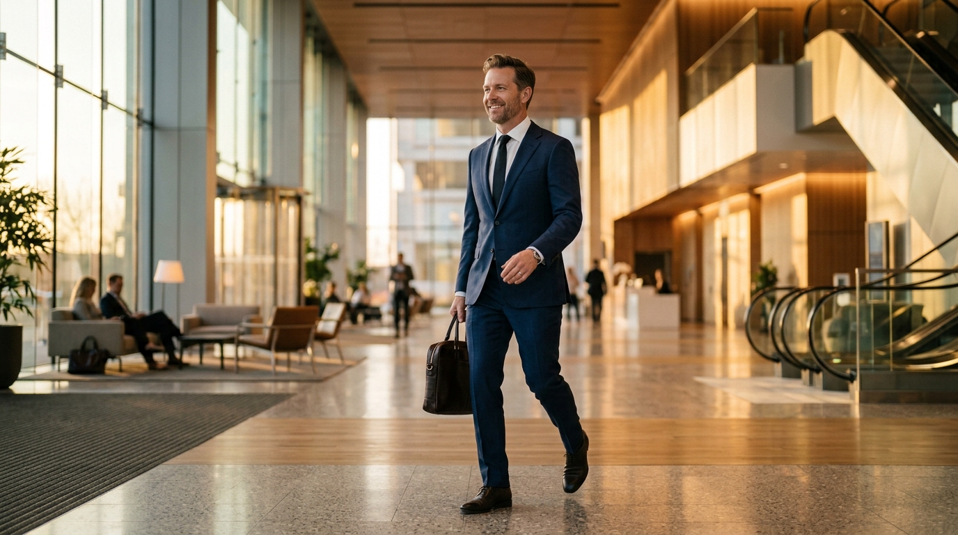 confident professional walking through modern office lobby