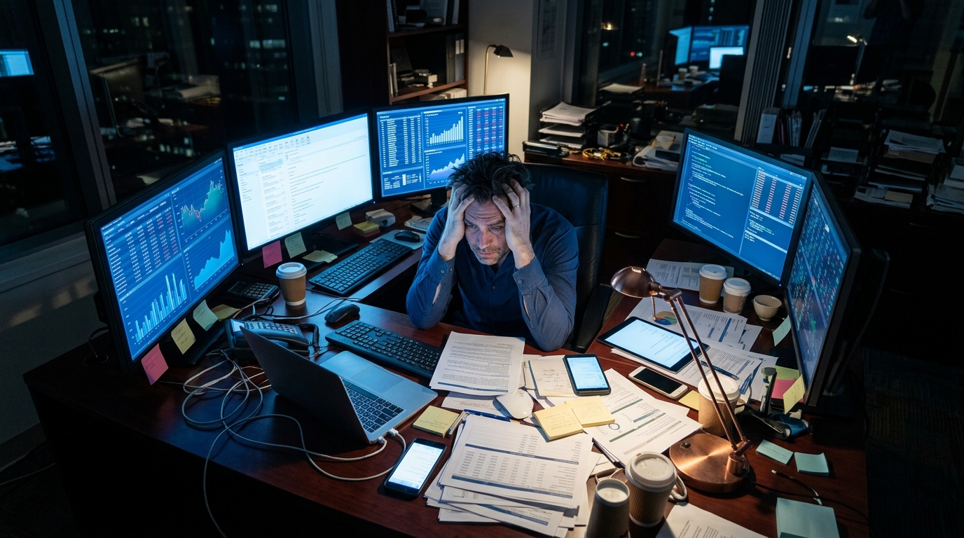stressed professional overwhelmed by digital technology screens