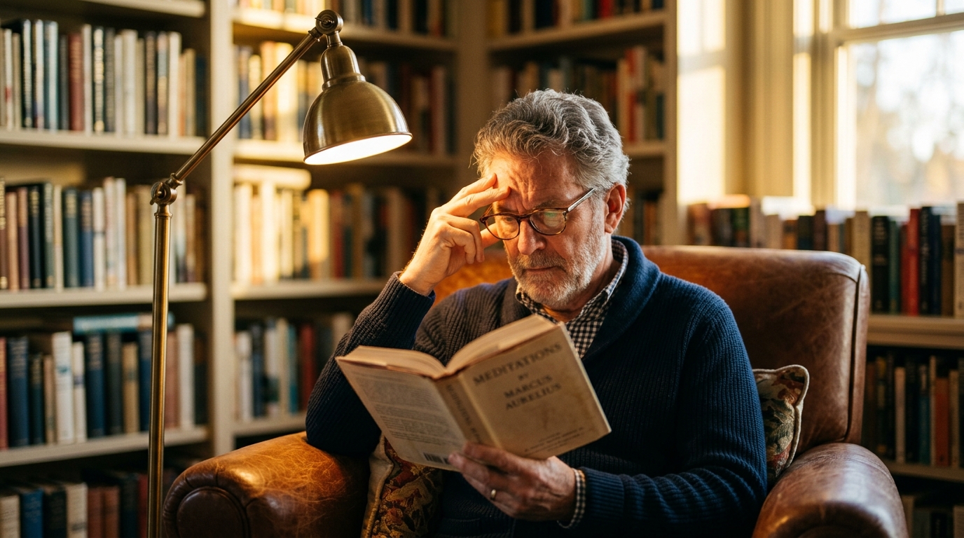 focused man reading book intently in armchair