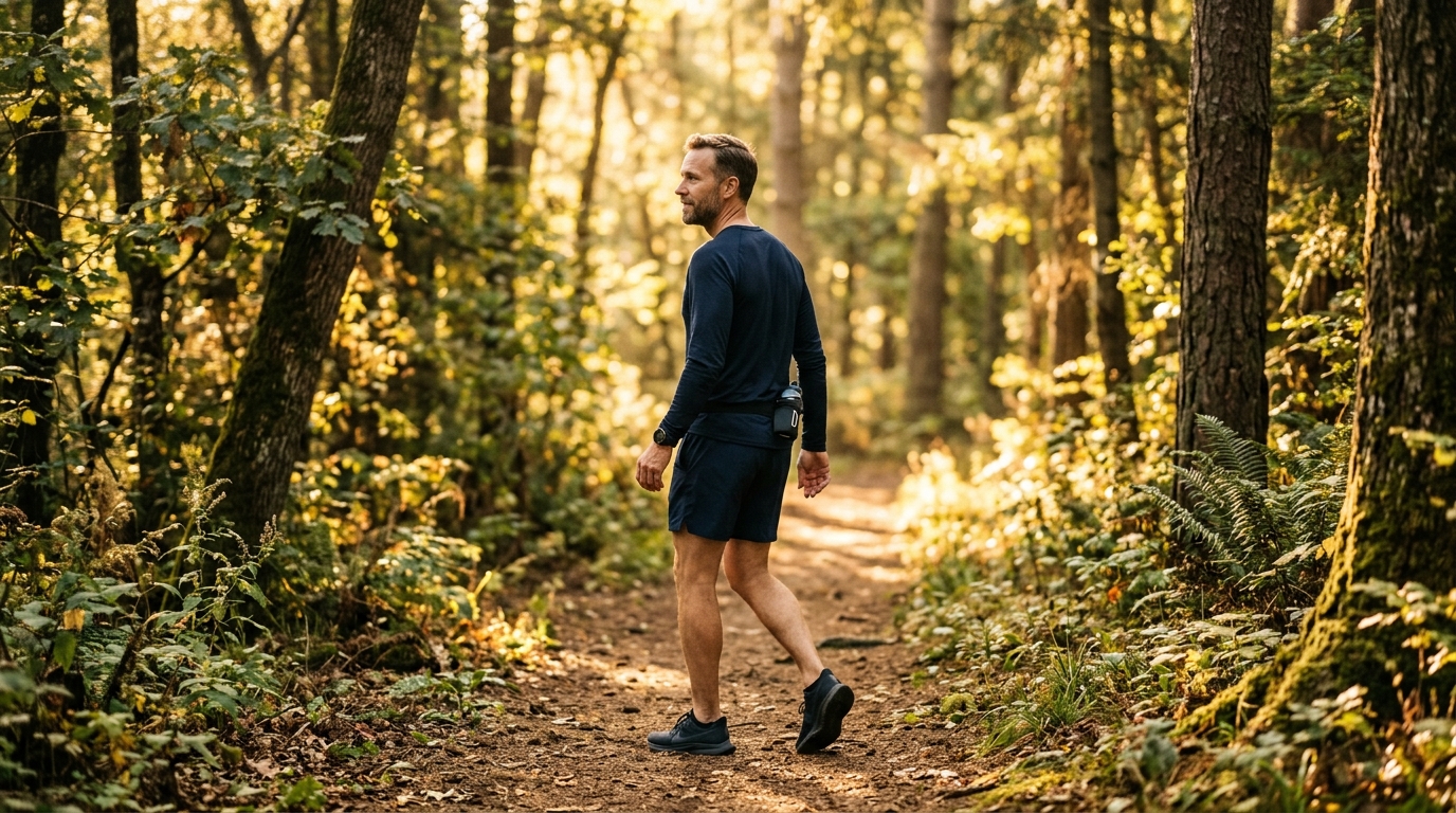 man walking peacefully on forest trail in morning light