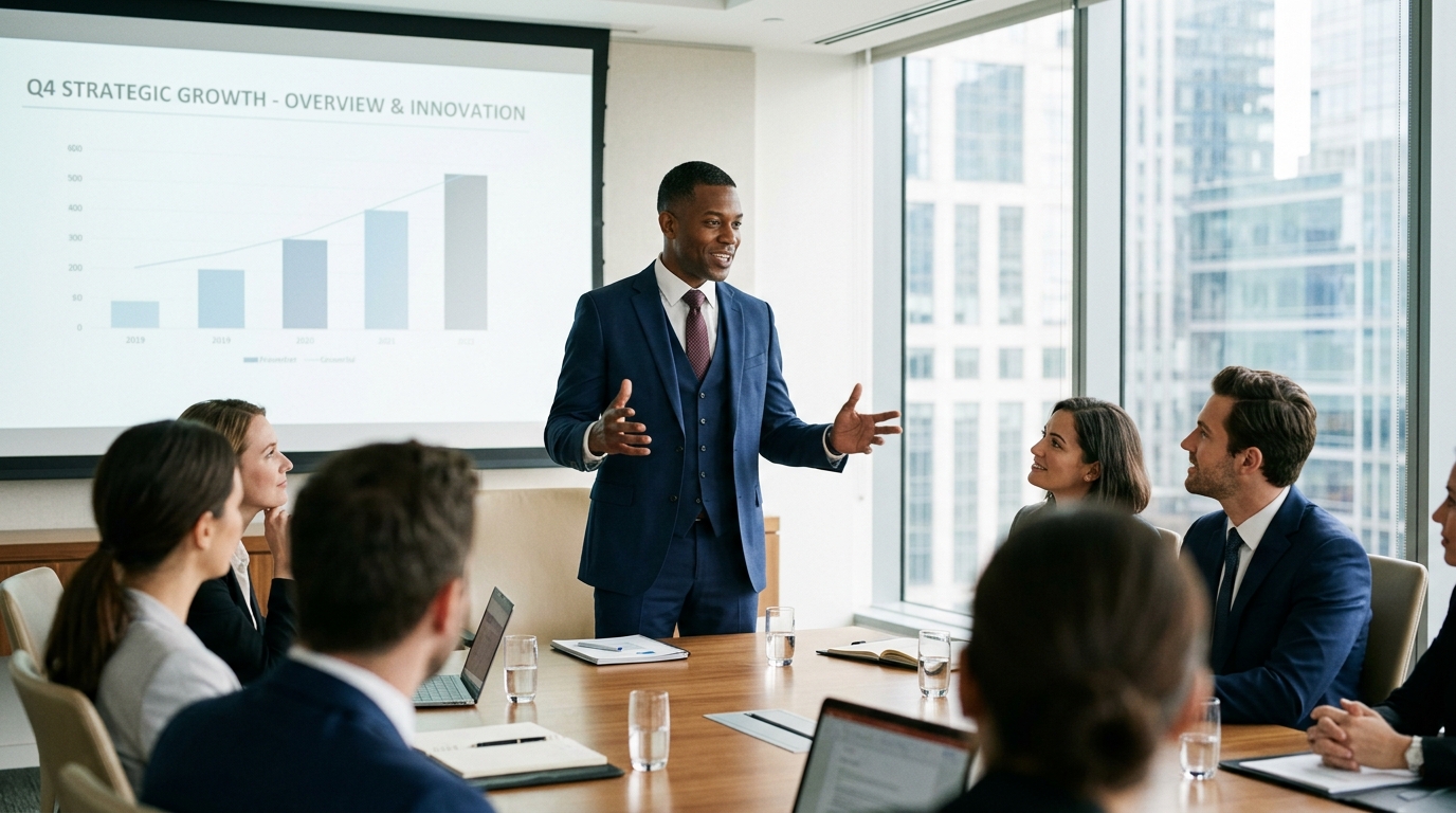 confident professional presenting to engaged colleagues