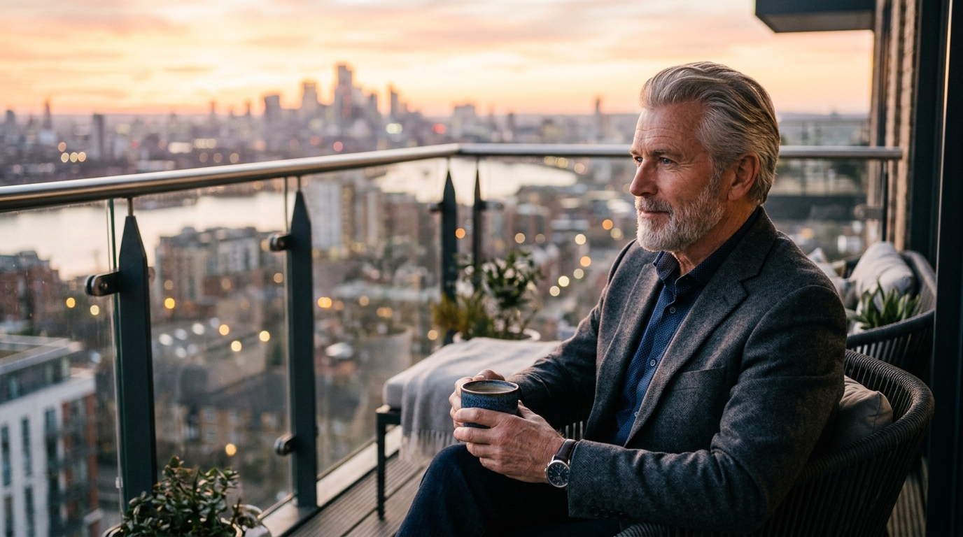 wise mature man contemplating city sunrise from balcony