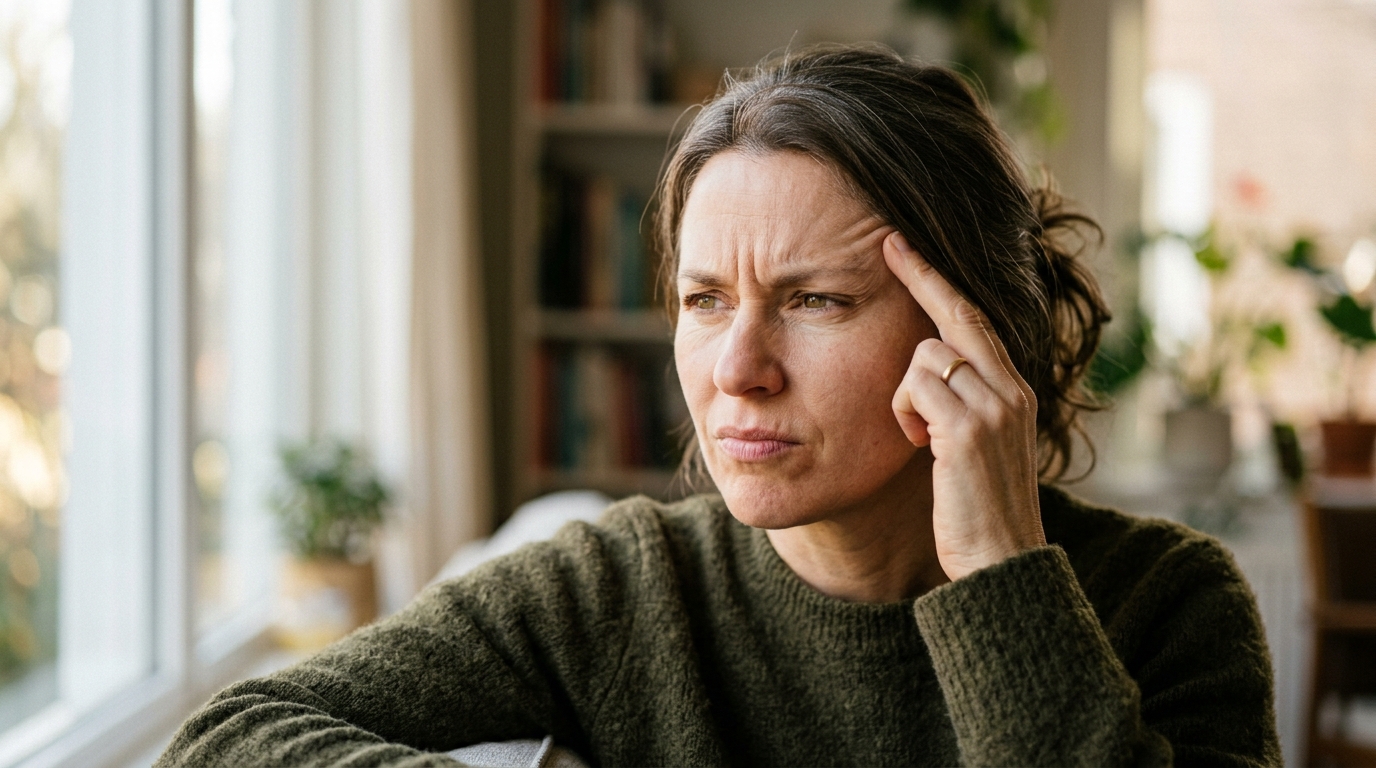 woman experiencing memory lapse contemplative expression