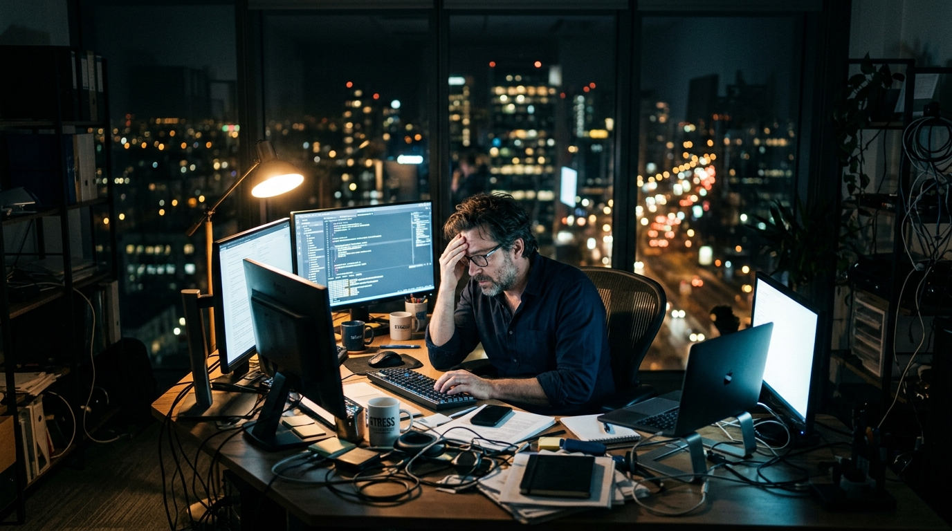 man working late multiple screens modern stress