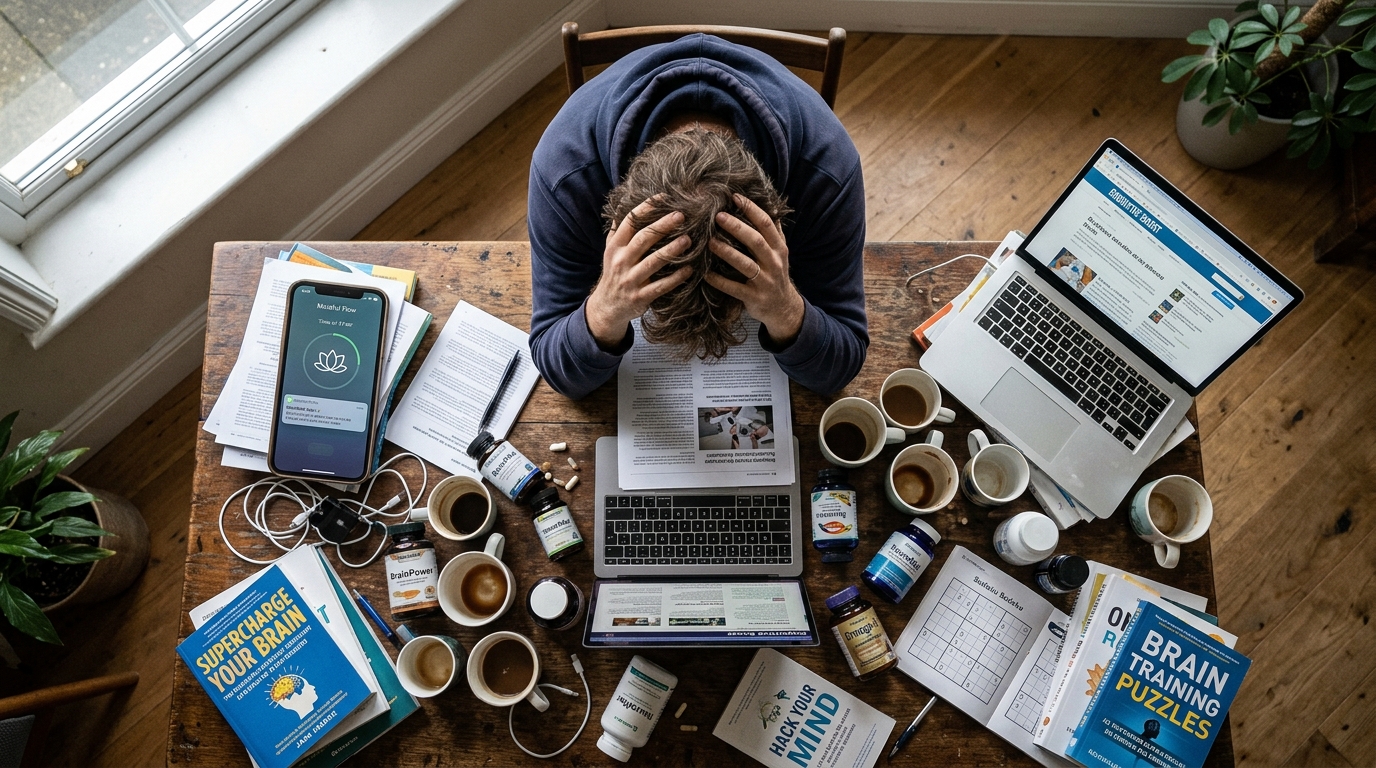 scattered brain health products desk overhead wellness