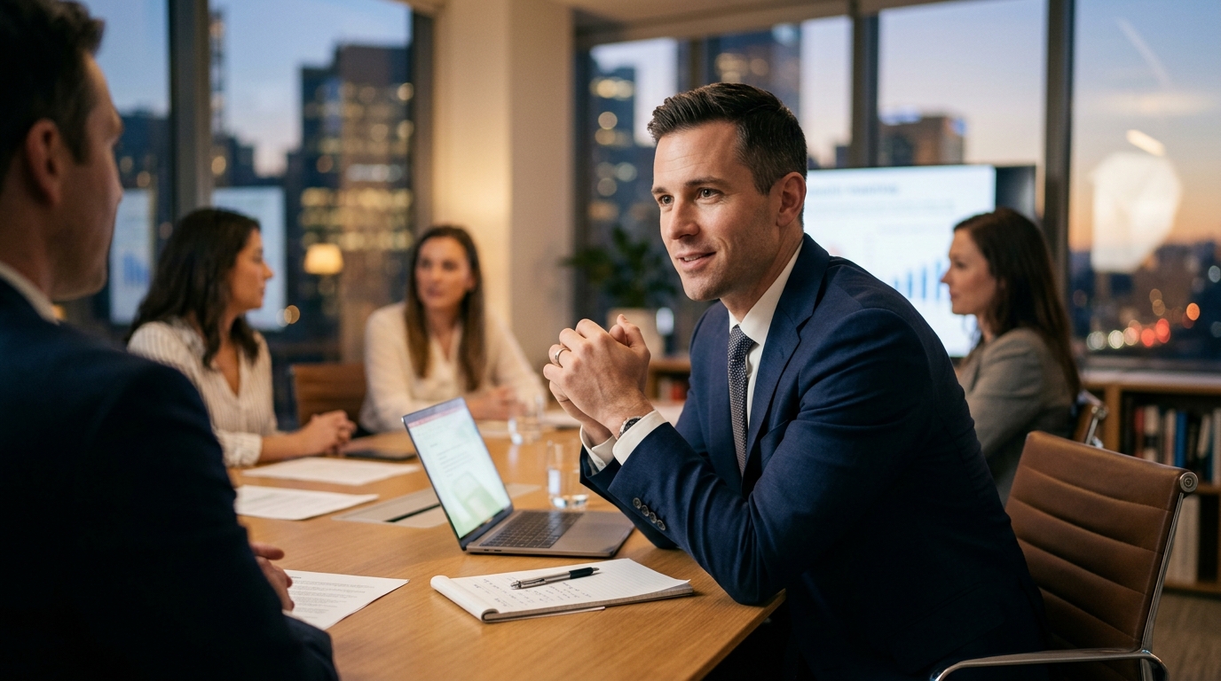 focused professional man evening meeting sustained energy