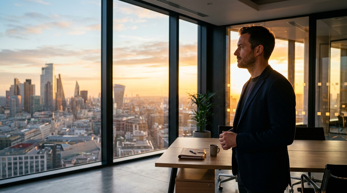 contemplative man sunrise window office golden light