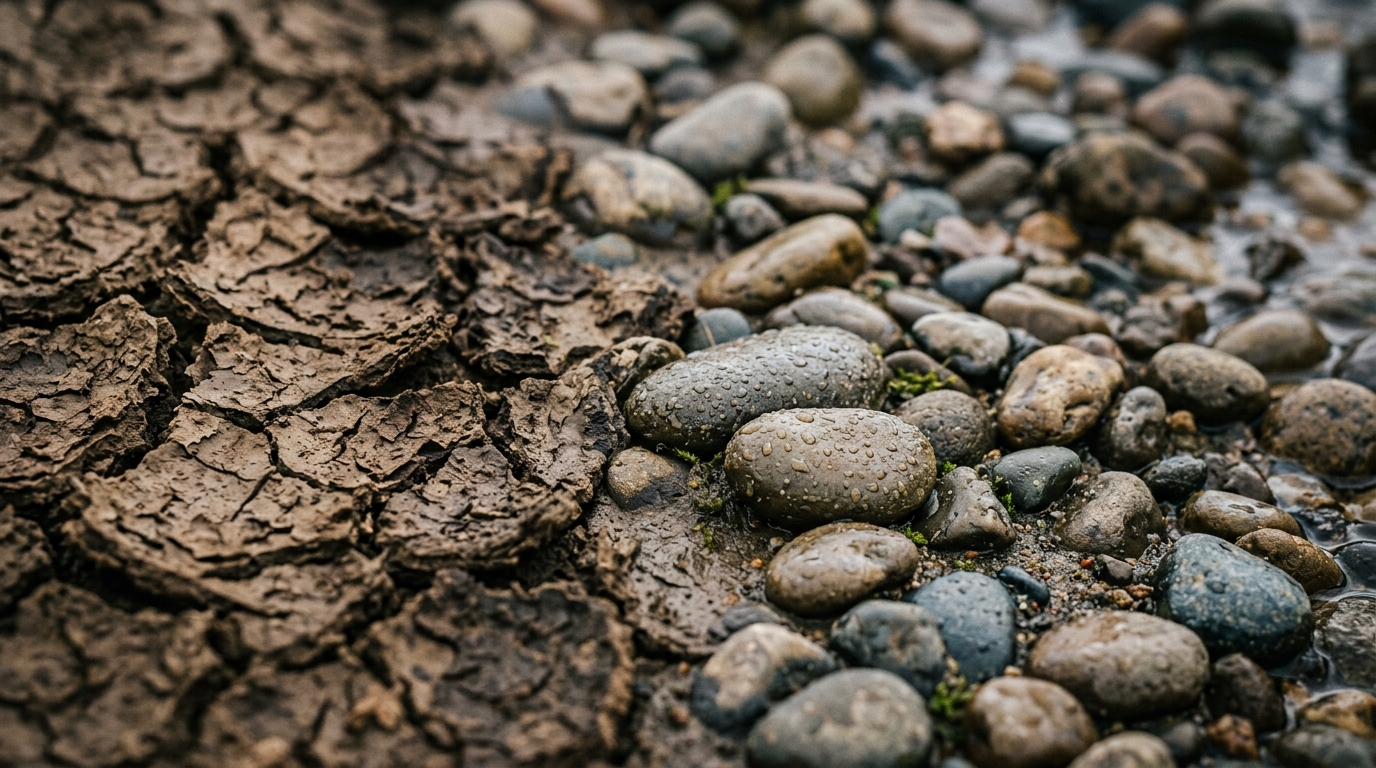 cracked earth texture transitioning smooth stones