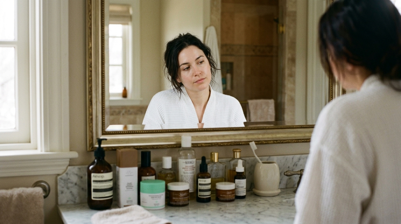 woman bathroom mirror skincare bottles counter reflection