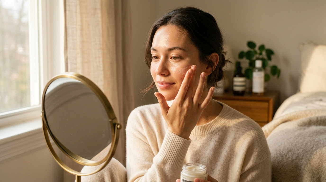 woman applying moisturizer golden light gentle strokes