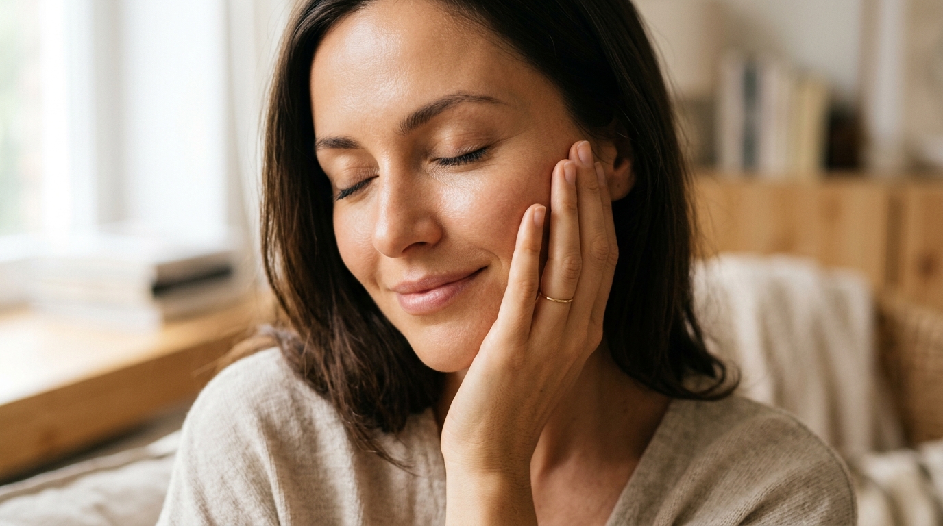 woman hand touching cheek gentle luminous skin
