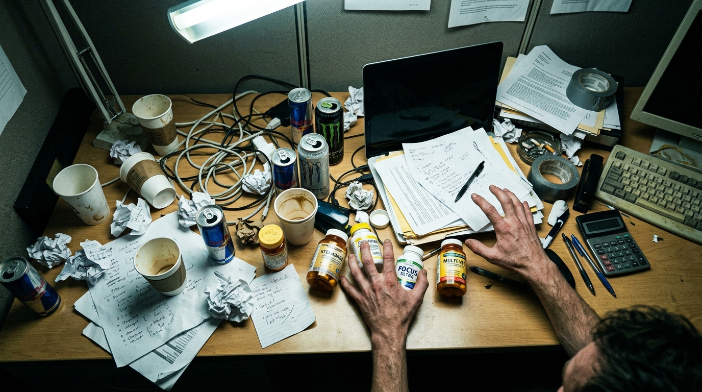 Hands reaching across desk cluttered with caffeine and supplements