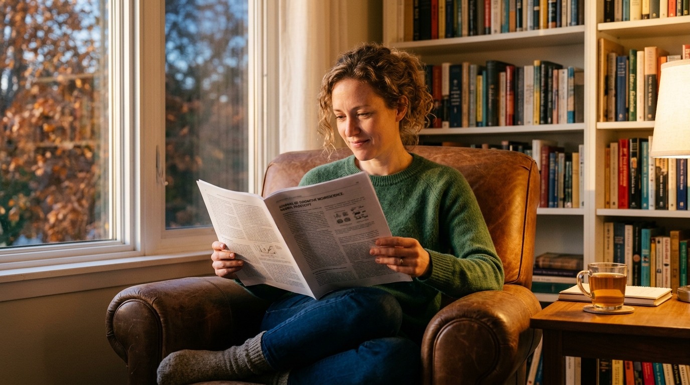 Woman reading research papers by warm window light