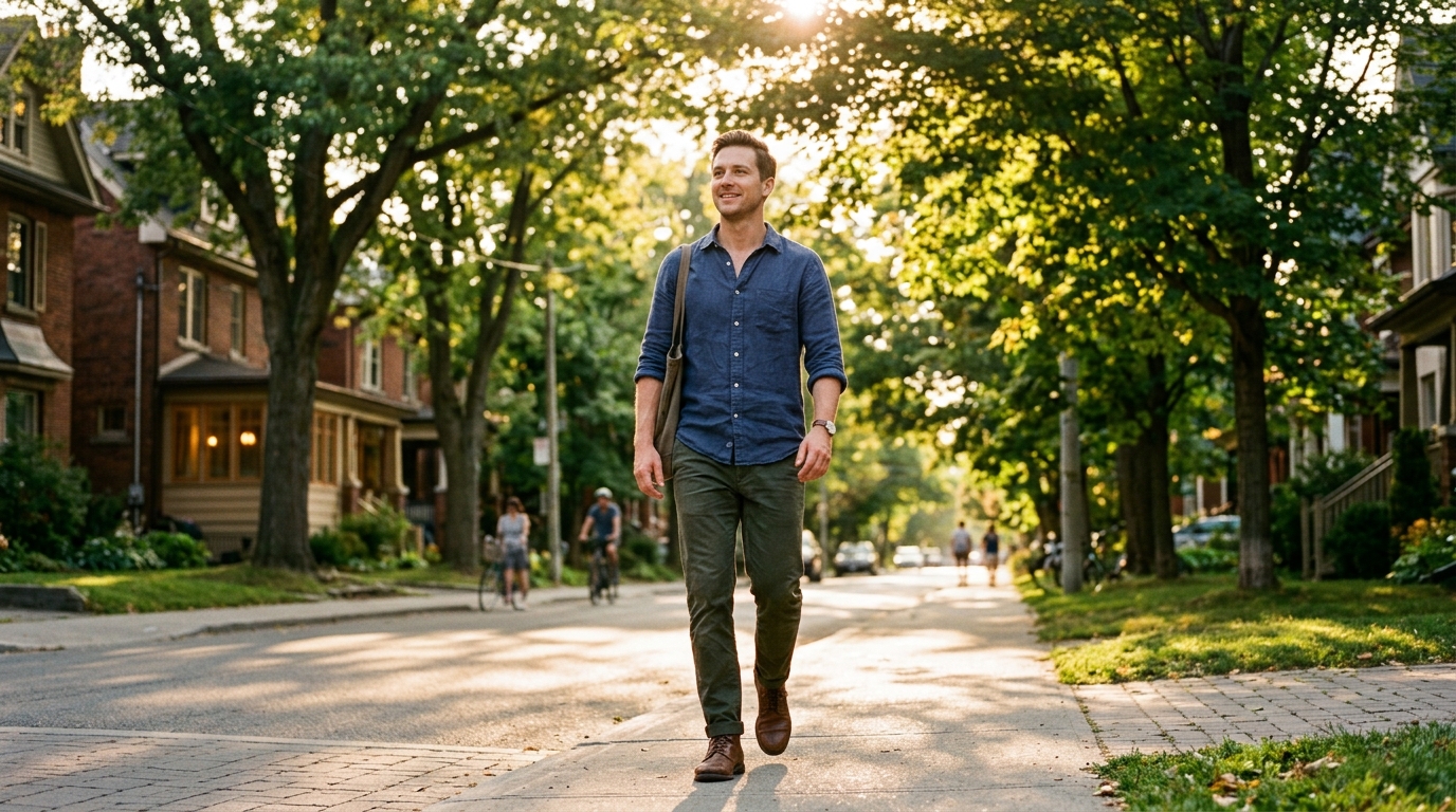 Man walking confidently down tree lined street at golden hour