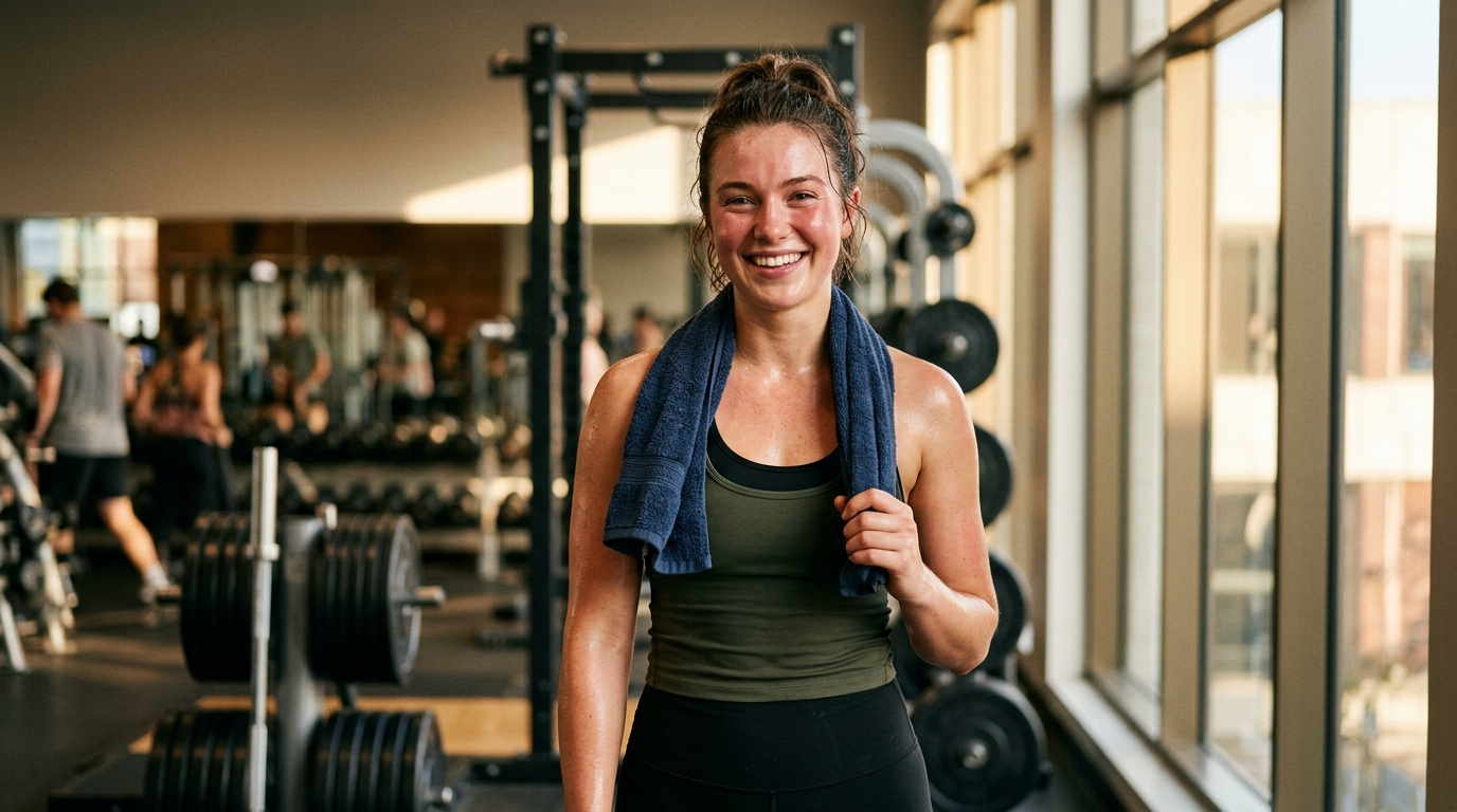 Woman with healthy glow after workout in natural gym light