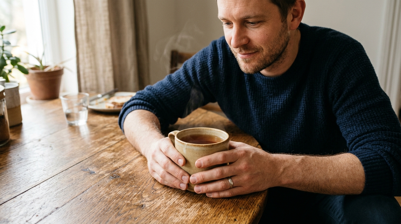 Hands holding morning tea cup in peaceful natural light