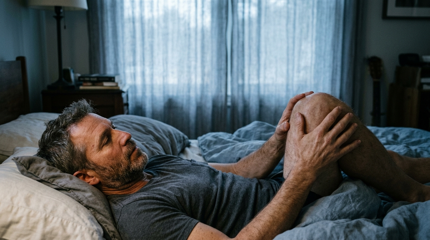 Man awakening and assessing joint mobility in morning light