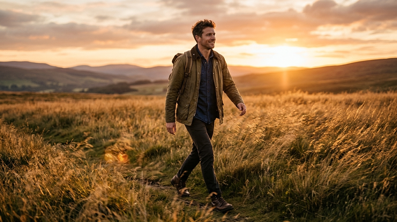 Man walking confidently through golden grass field