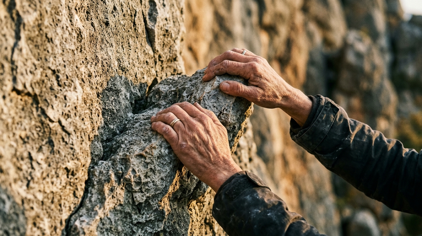 Hands confidently gripping natural rock climbing holds
