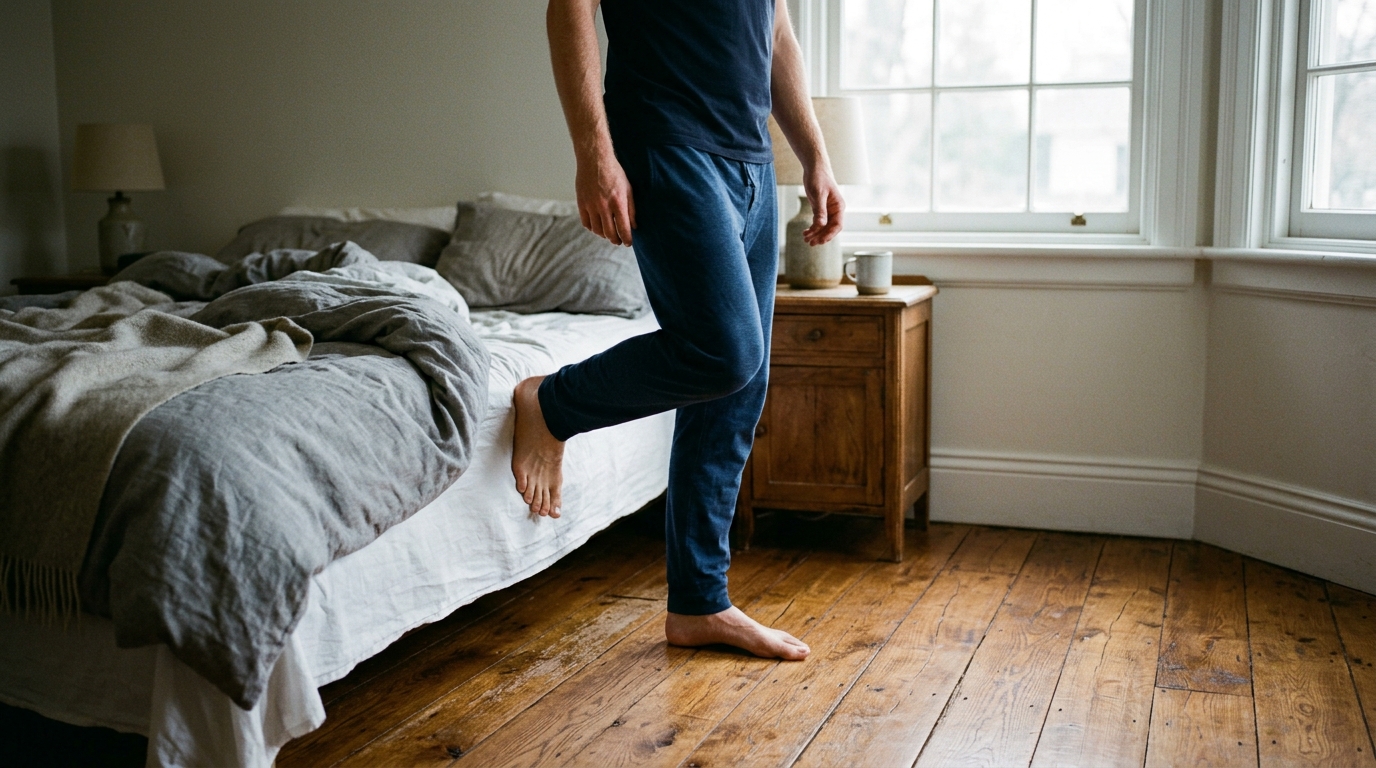 Man stepping confidently onto floor from bed