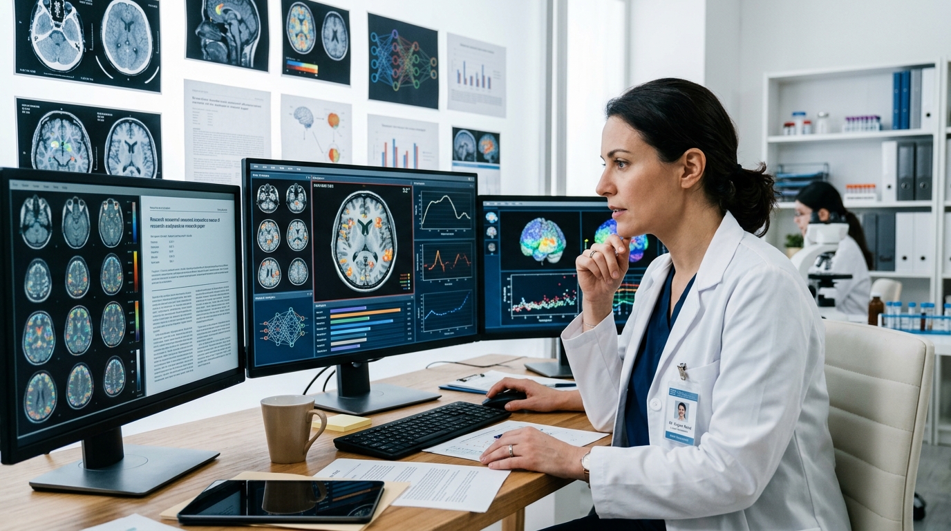 Female researcher analyzing brain science data in laboratory setting
