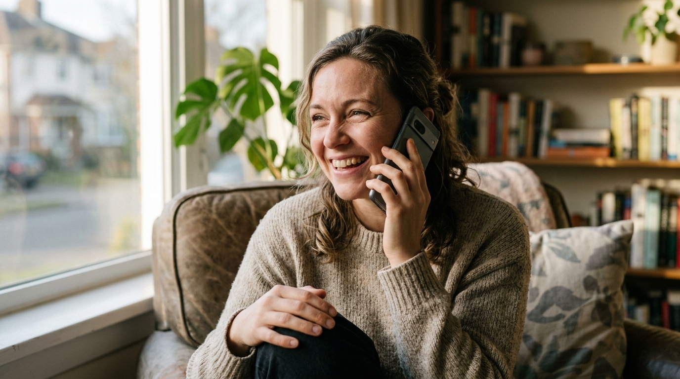 Woman smiling brightly during phone conversation showing renewed energy