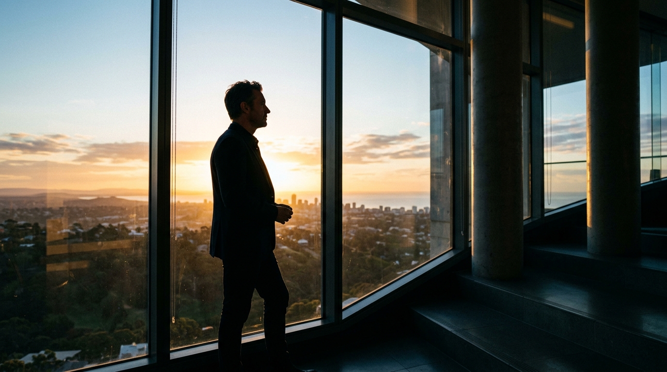 Man in profile contemplating future possibilities and choices