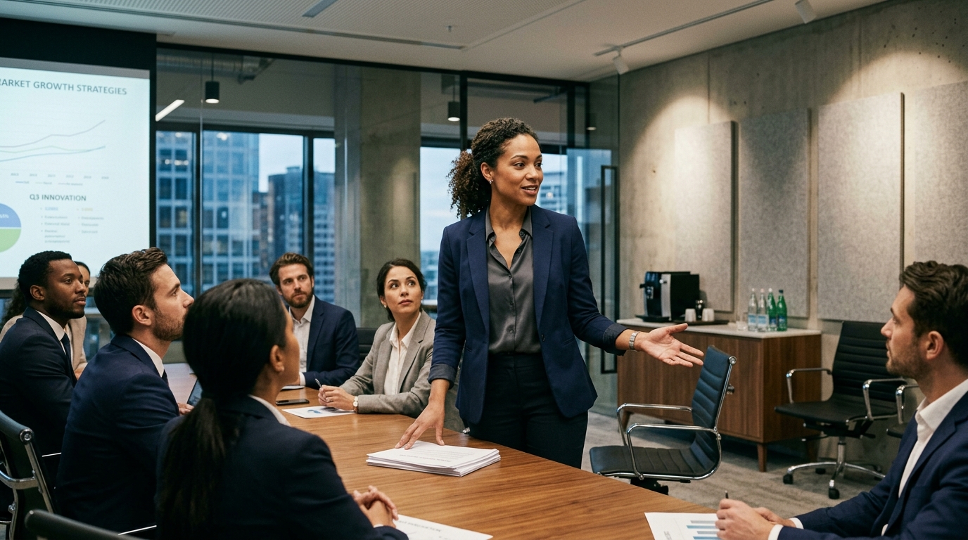 Confident woman presenting in professional meeting with clear focus