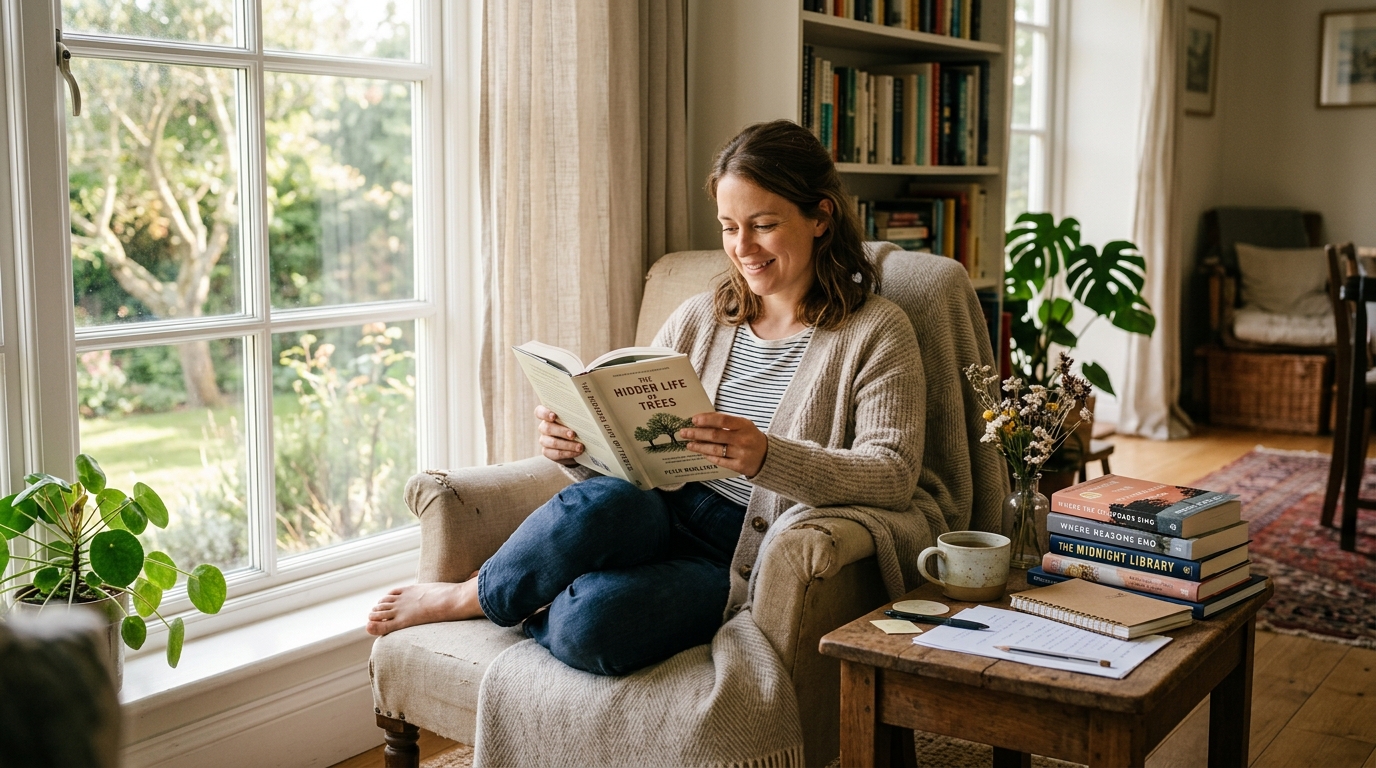 Woman reading peacefully surrounded by books in natural afternoon light
