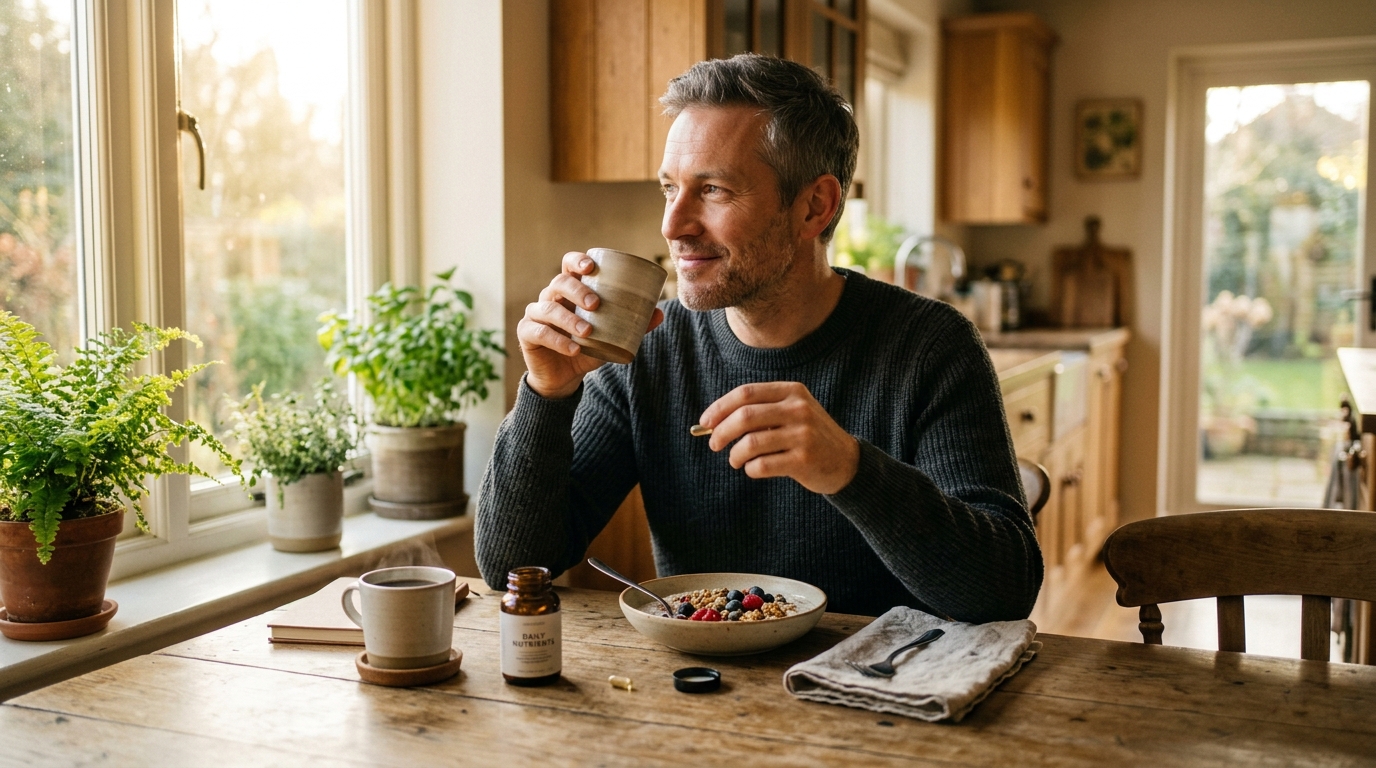 man beginning morning supplement routine
