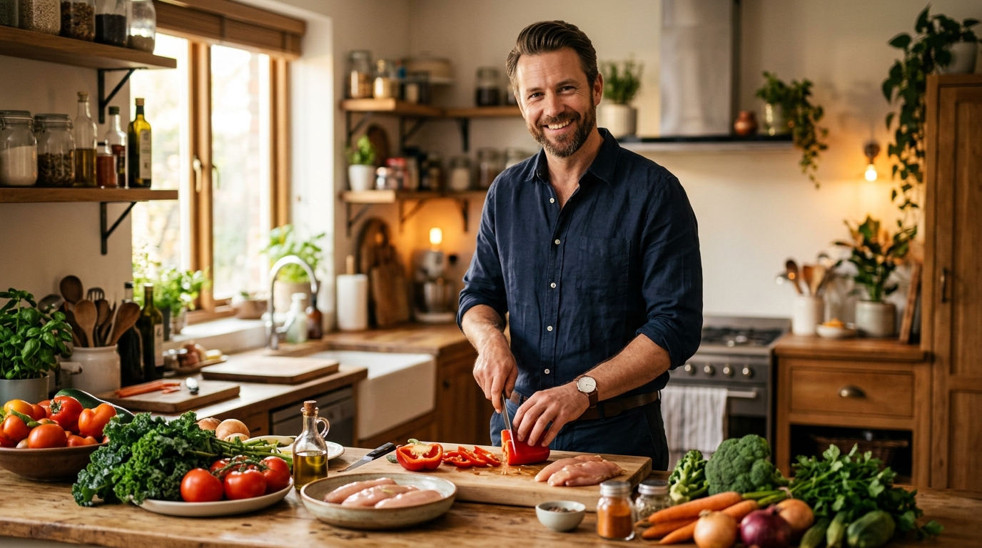man preparing nutritious meal with renewed energy