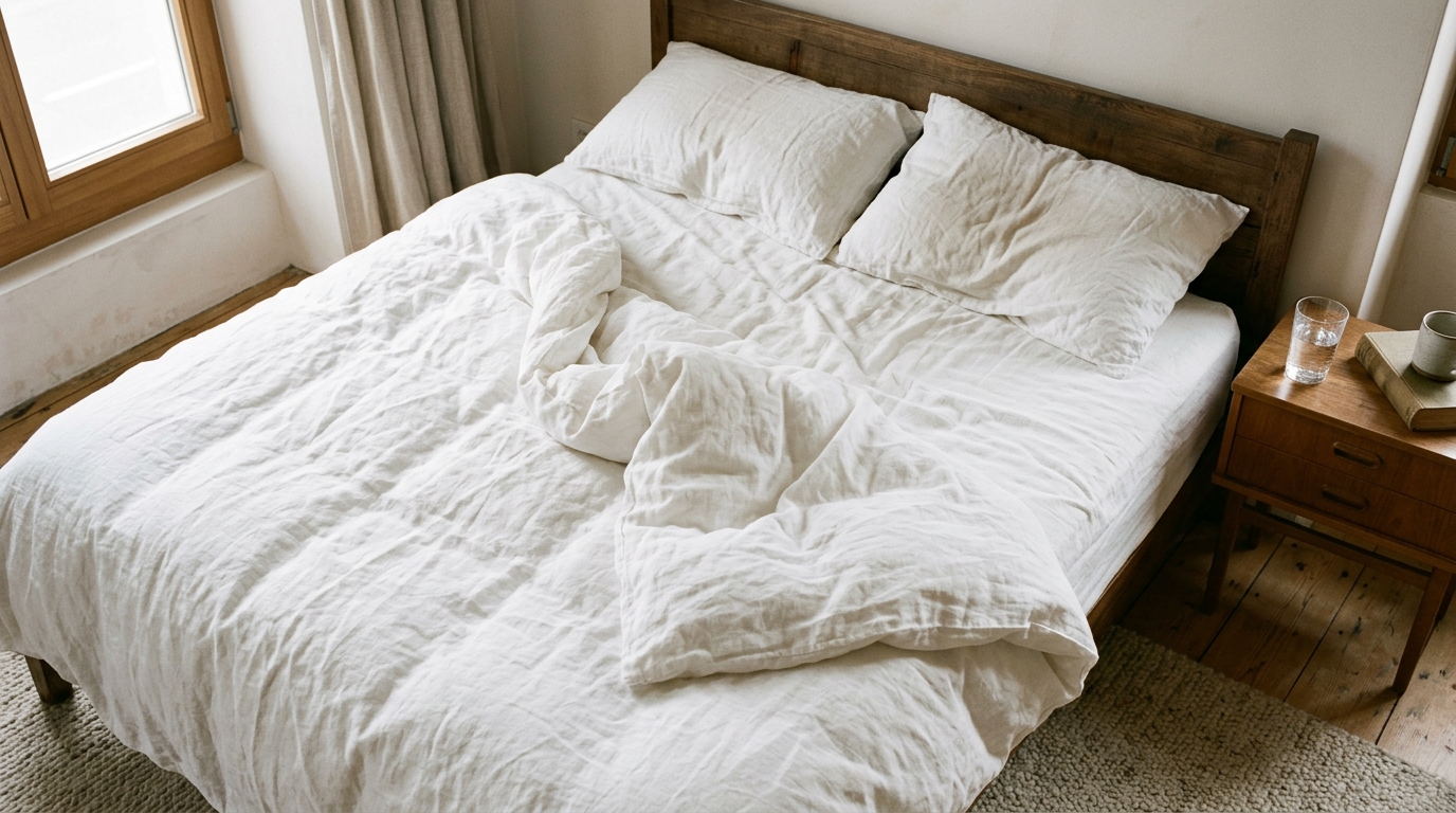rumpled white bedsheets morning light peaceful sleep restoration