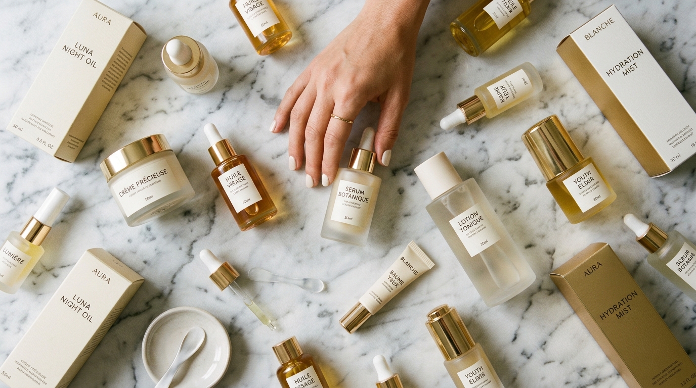 skincare products arranged on marble surface