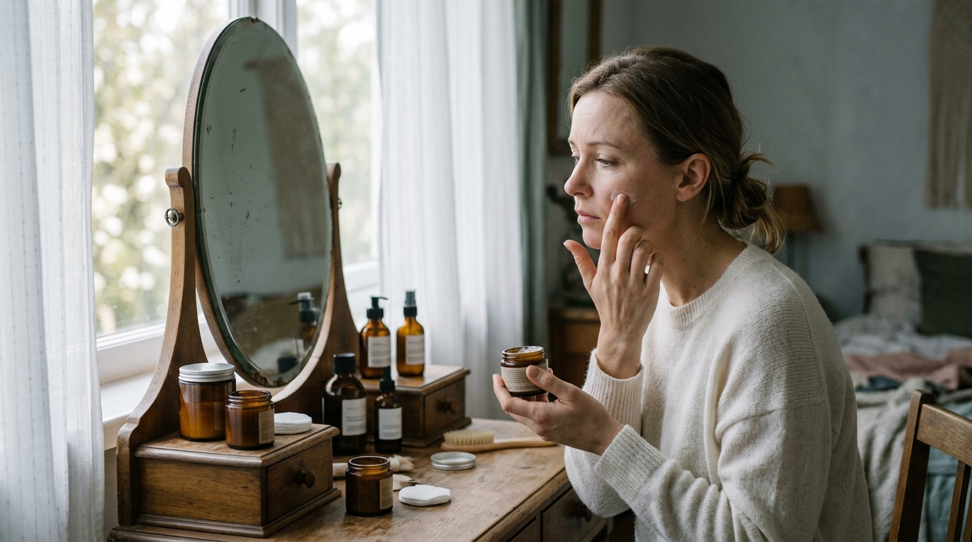 woman applying skincare while looking in mirror