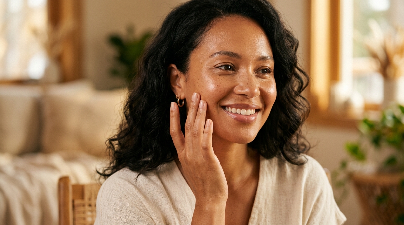 woman with glowing skin touching her cheek